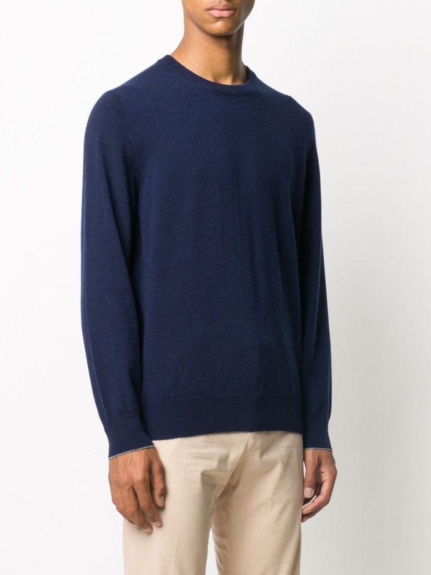 Brunello Cucinelli Cashmere Crewneck Sweater With Ribbed Finish In Blue