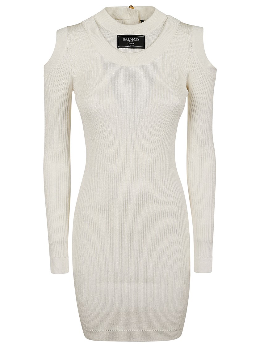Shop Balmain Ls Db Col Shoulder Cut Knit Dress In White