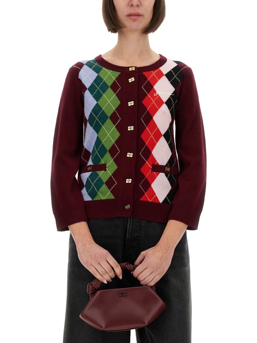 Ganni Womens Tawny Port Rhombus-print Round-neck Wool And Cashmere Cardigan Xl