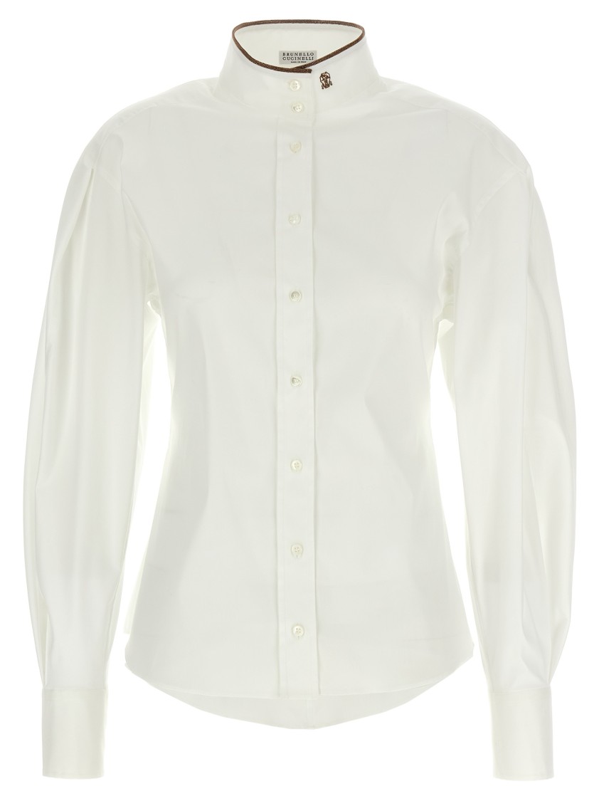 Brunello Cucinelli Stretch Cotton Poplin Shirt With Shiny Collar Detail In White