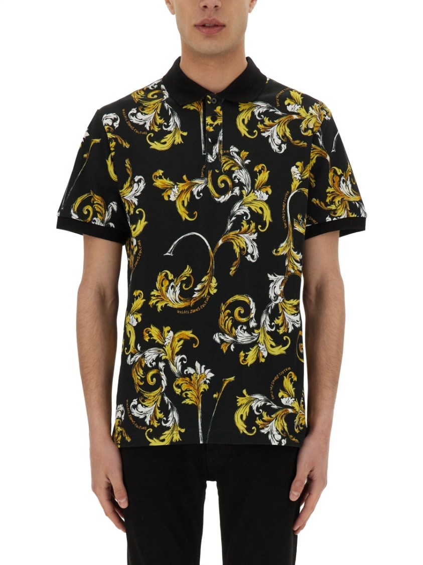 Shop Versace Jeans Couture Baroque Pattern Polo With Classic Collar In Black