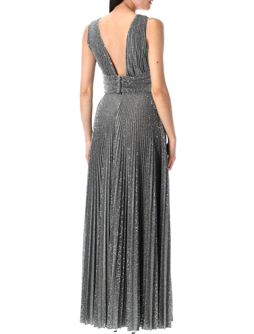 Dolce & Gabbana Long Pleated Dress With Micro-sequin Embellishment In Gray
