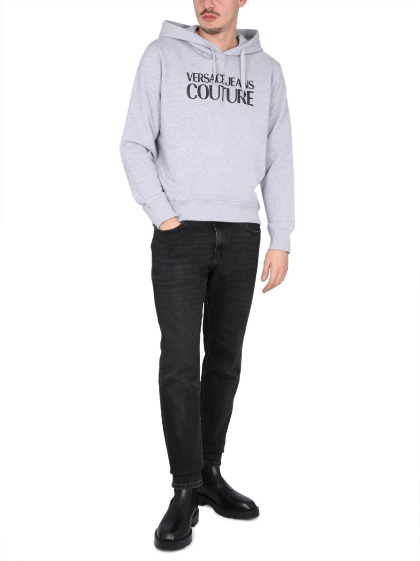 Shop Versace Jeans Couture Cross-neck Grey Sweatshirt With Bold Logo Design