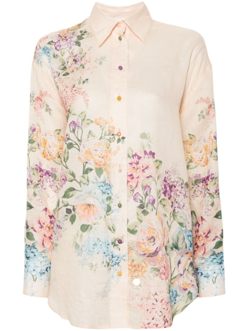 Shop Zimmermann Beige Lightweight Floral Print Semi-transparent Ramie Shirt In Neutrals