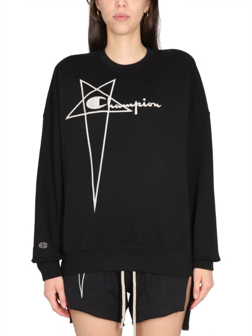 Champion X Rick Owens Oversized Black Sweatshirt With Logo Embossing In Black