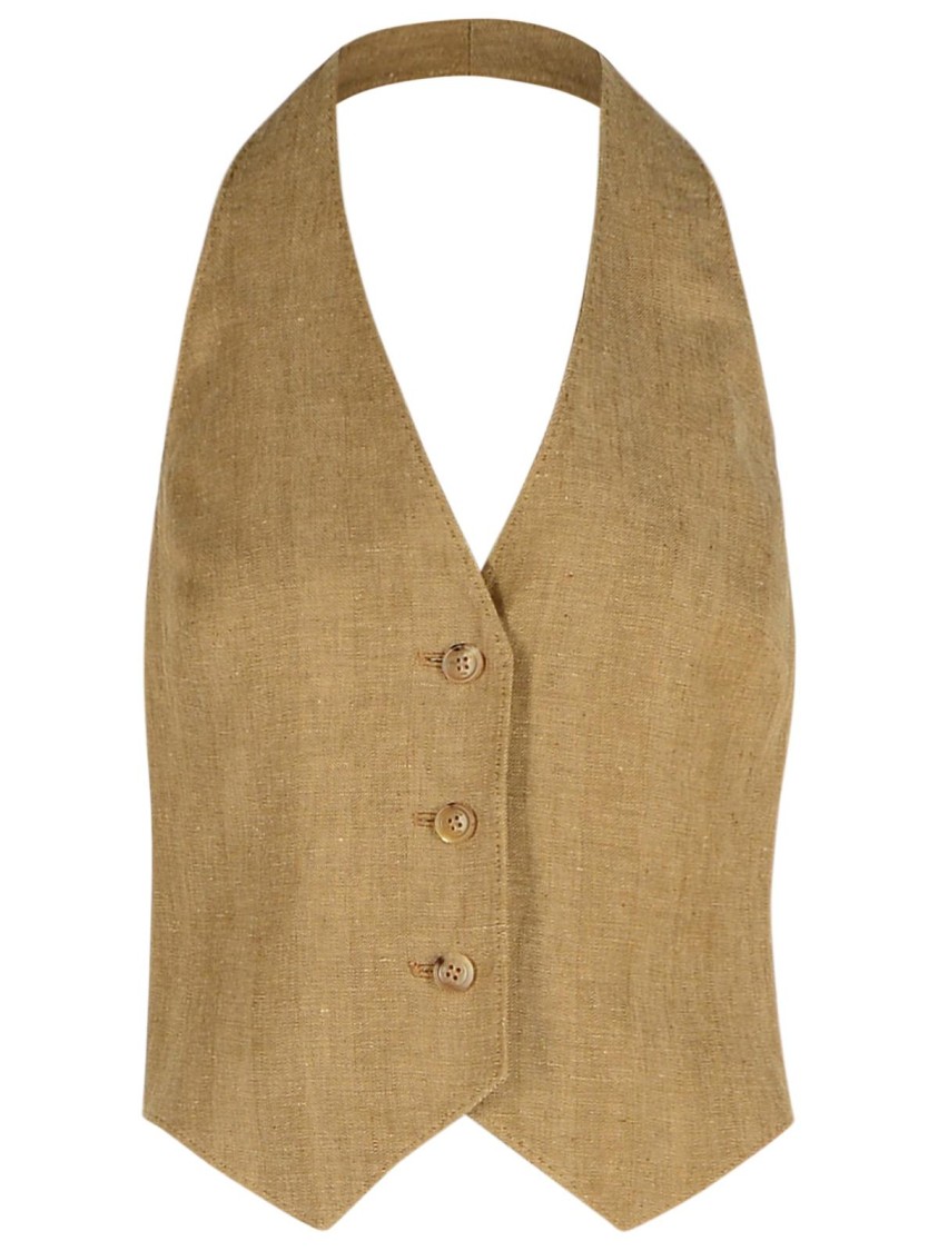 Max Mara Beige Yarn-dyed Linen Batavia Sauro Waistcoat In Brown