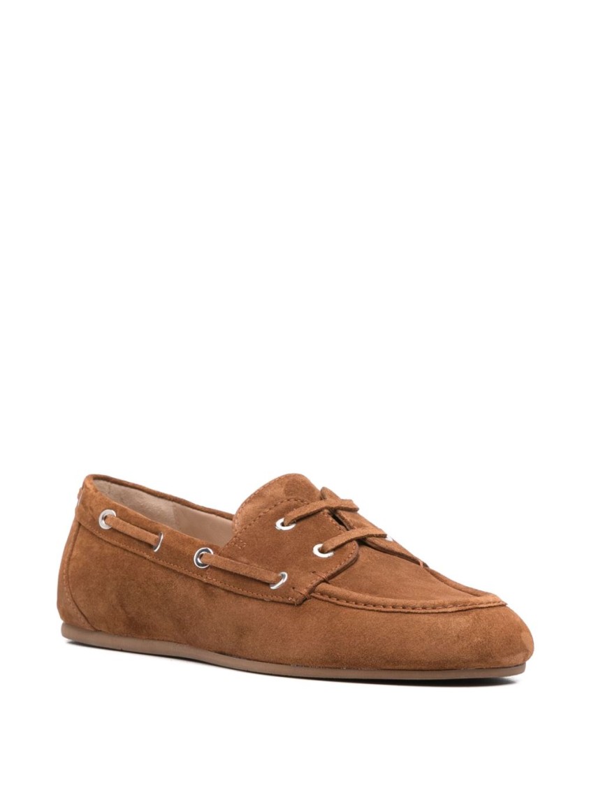 Stuart Weitzman Suede Flat Loafers With Decorative Lacing In Brown