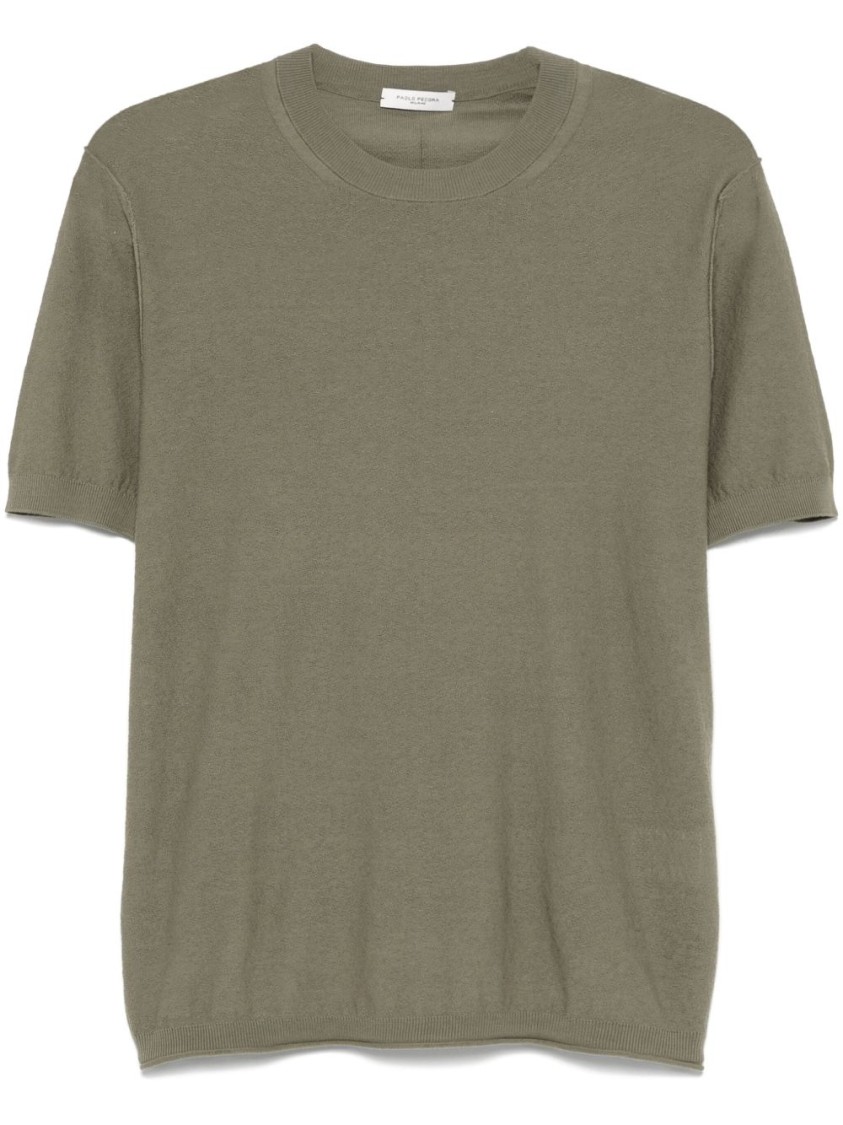 Paolo Pecora Crew Neck Slub Knit T-shirt In Moss Green In Brown