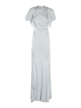 Amen Rhinestone-Trim Satin Dress Maxi in Grey | THE LIST