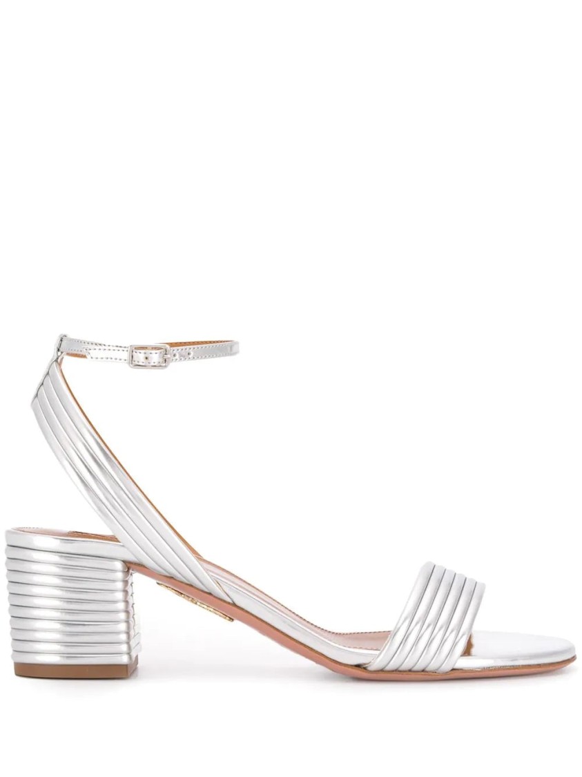 Aquazzura Sundance 50mm Metallic Leather Block-heel Sandals In Silver