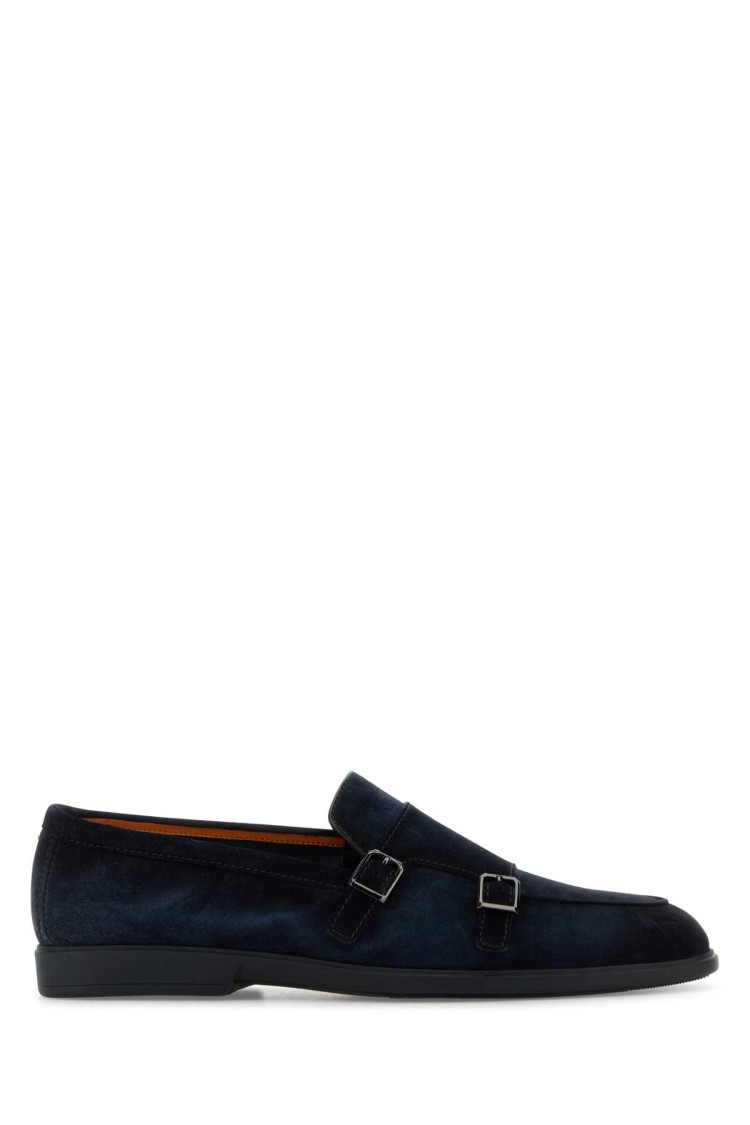 Santoni Midnight Blue Suede Pura Loafers In Black