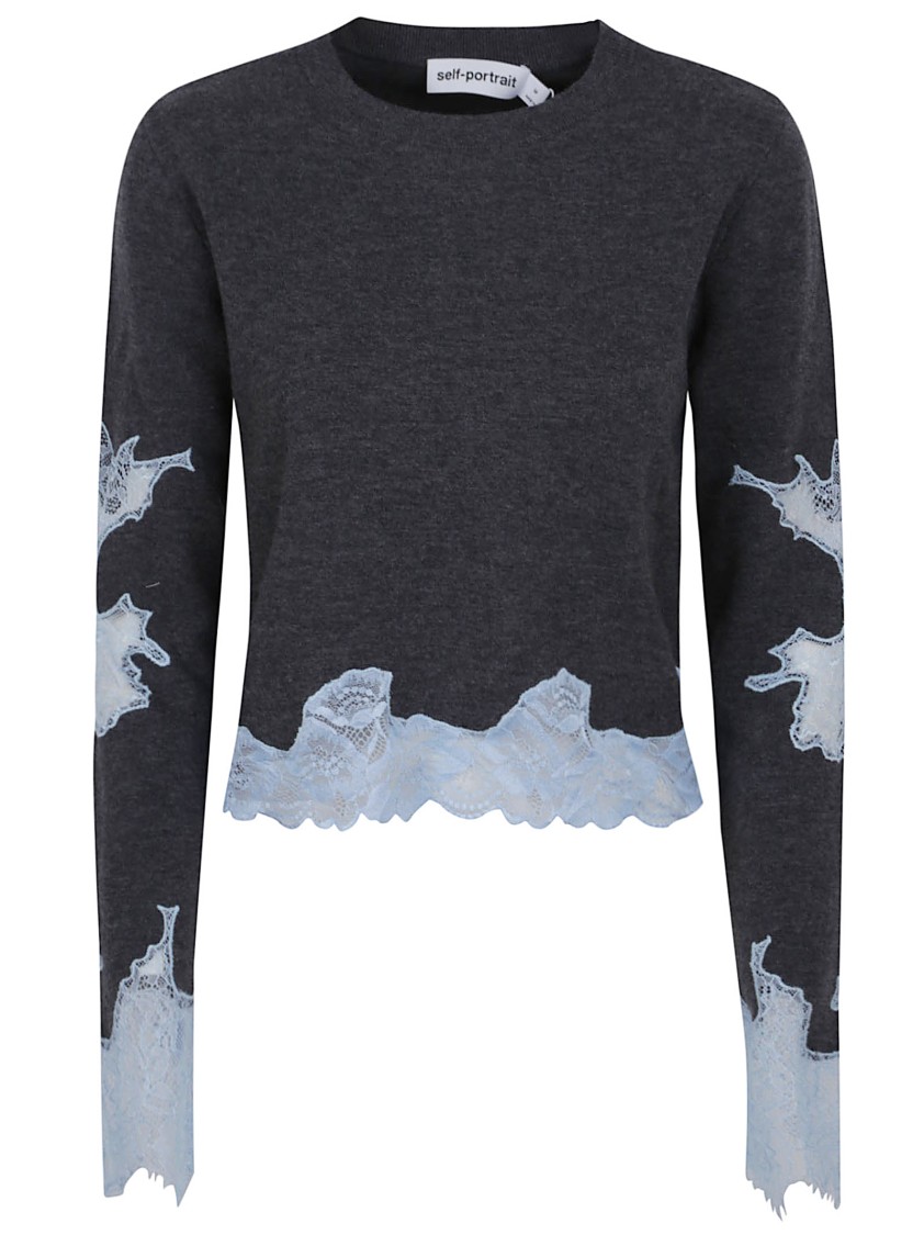Self-portrait Grey Contrast Lace Jumper In Black