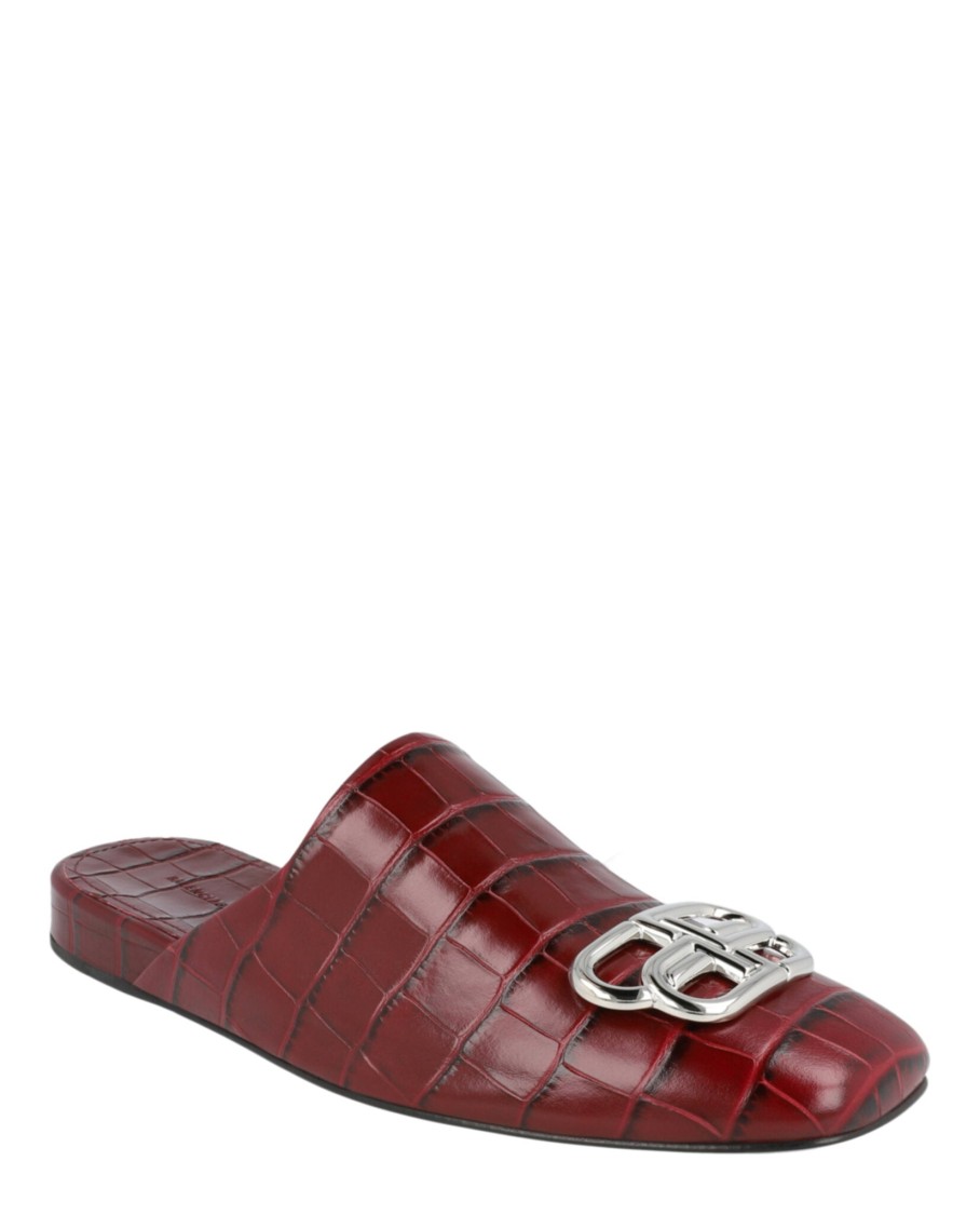 Balenciaga Croc Embossed Leather Cosy Bb Mule In Burgundy