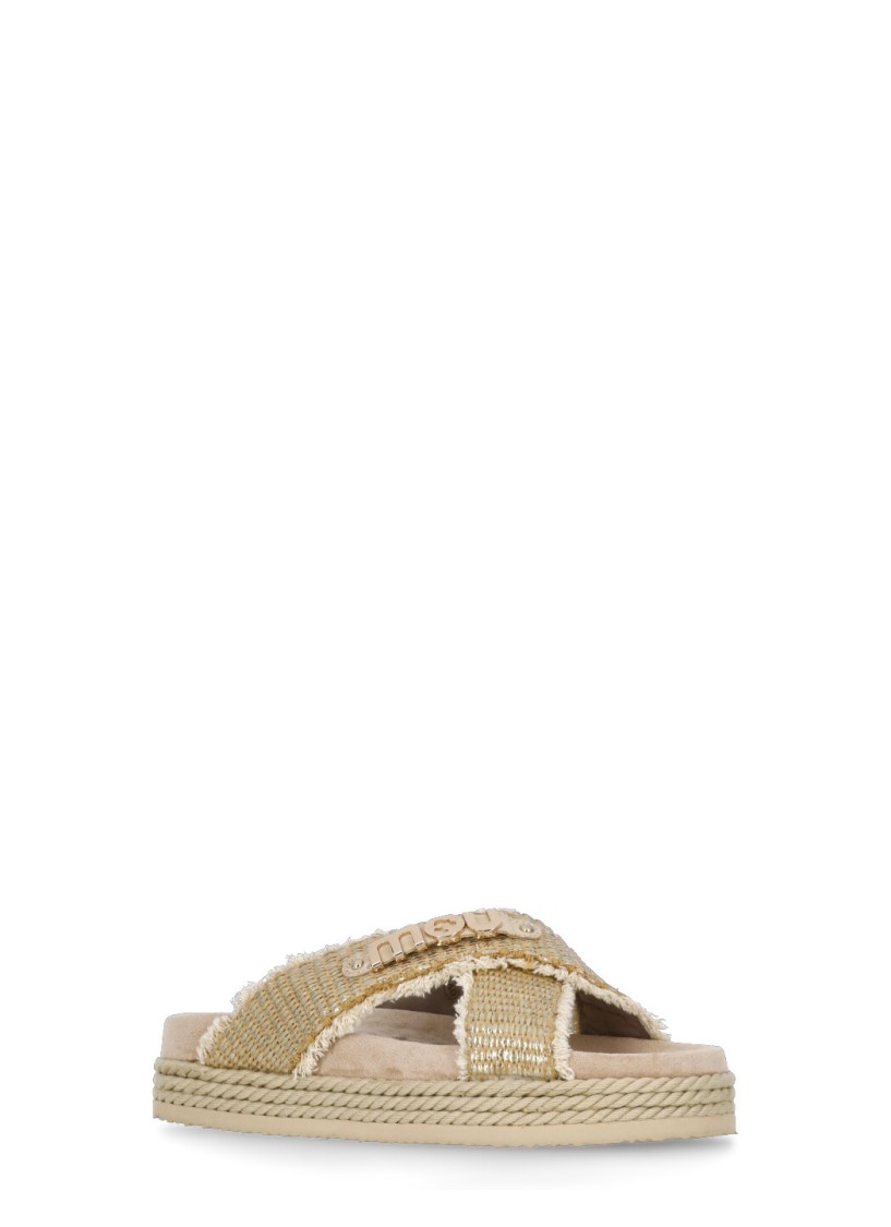 MOU MOU GOLD CRISS-CROSS RAFIA SANDALS