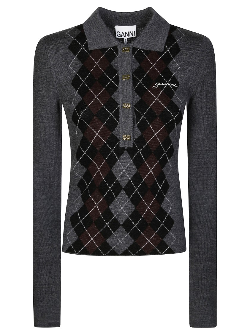 Ganni Grey Sweater With Classic Collar And Check Motif On The Front In Gray