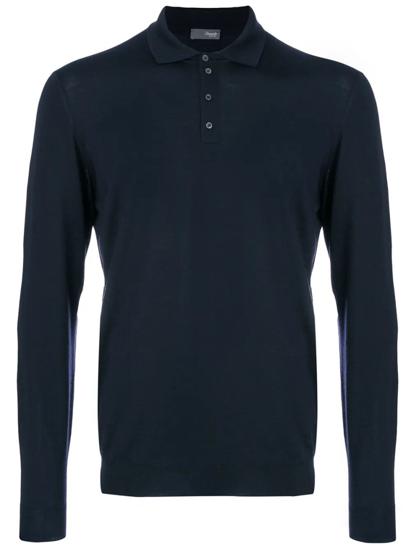 Drumohr Long Sleeve Navy Blue Jersey Polo Shirt In Black
