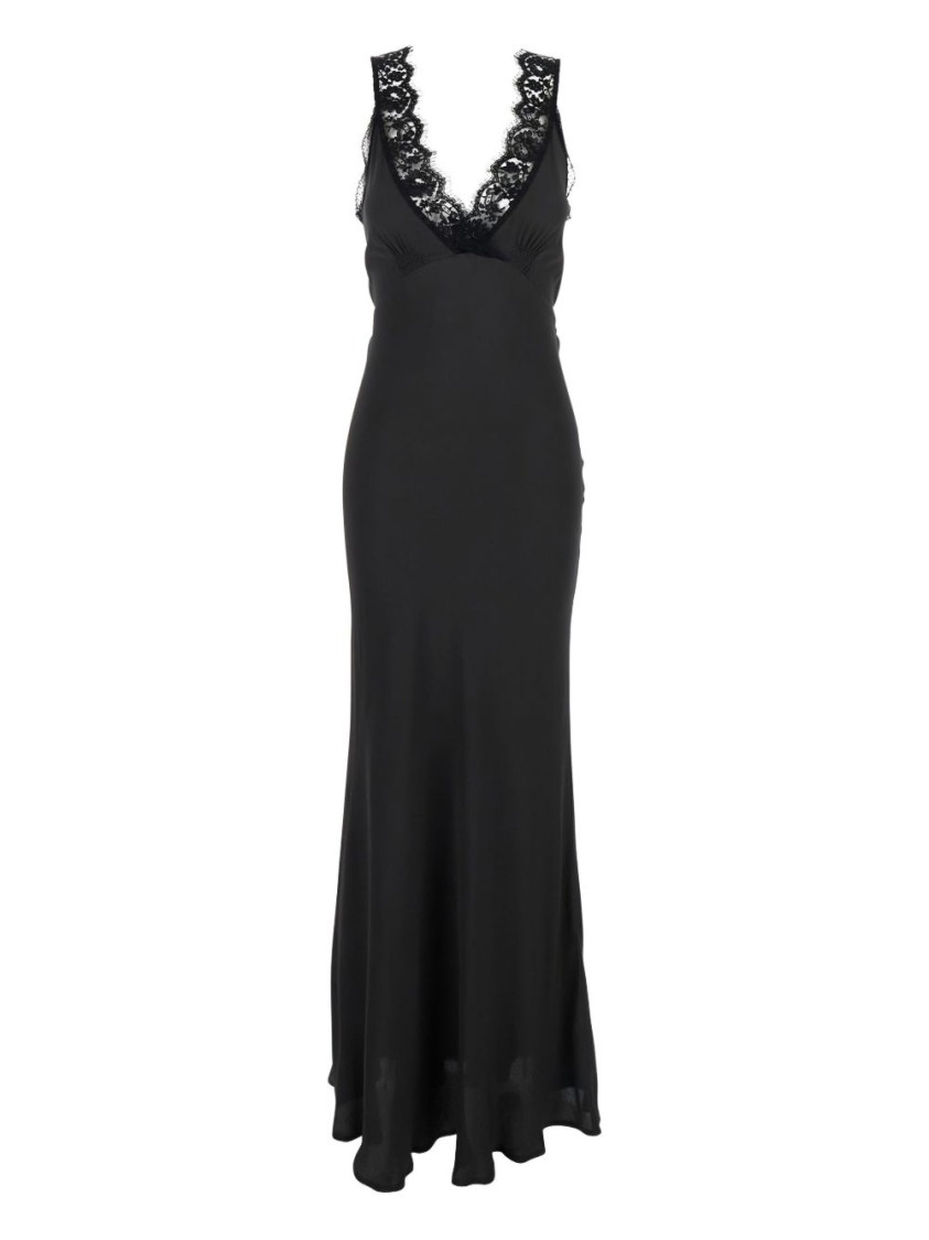 Semicouture Black Long Dress With V-neckline And Lace Inserts In Silk Blend Woman