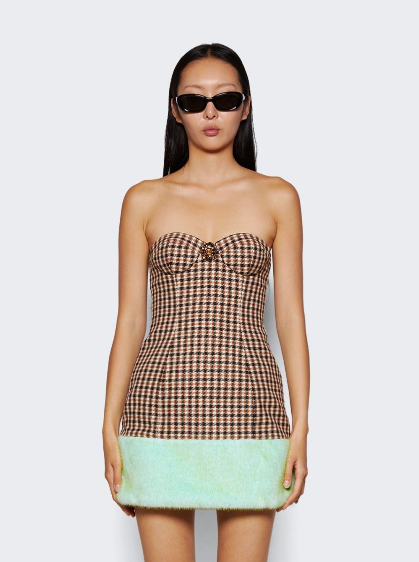 AREA AREA FAUX FUR TRIM STRAPLESS MINI DRESS