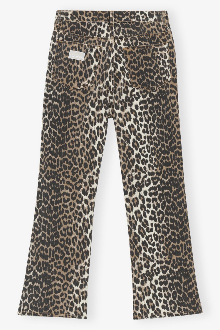 Ganni Leopard Print Cropped Jeans With Flared Hem