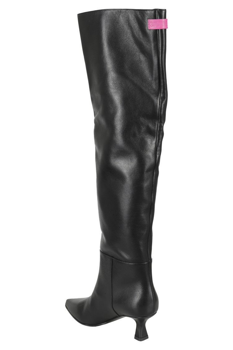 3juin Knee-high Black Leather Boot With Fuchsia Accents In Black