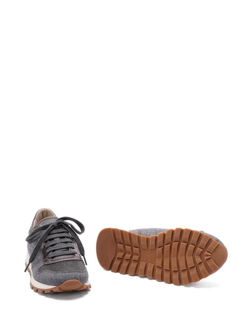 Brunello Cucinelli Textured Fabric Flats With Metallic Accents In Gray