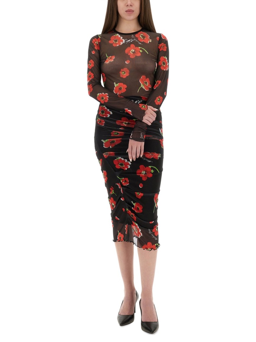 Moschino Scalloped Hem Floral Mesh Midi Skirt In Multi