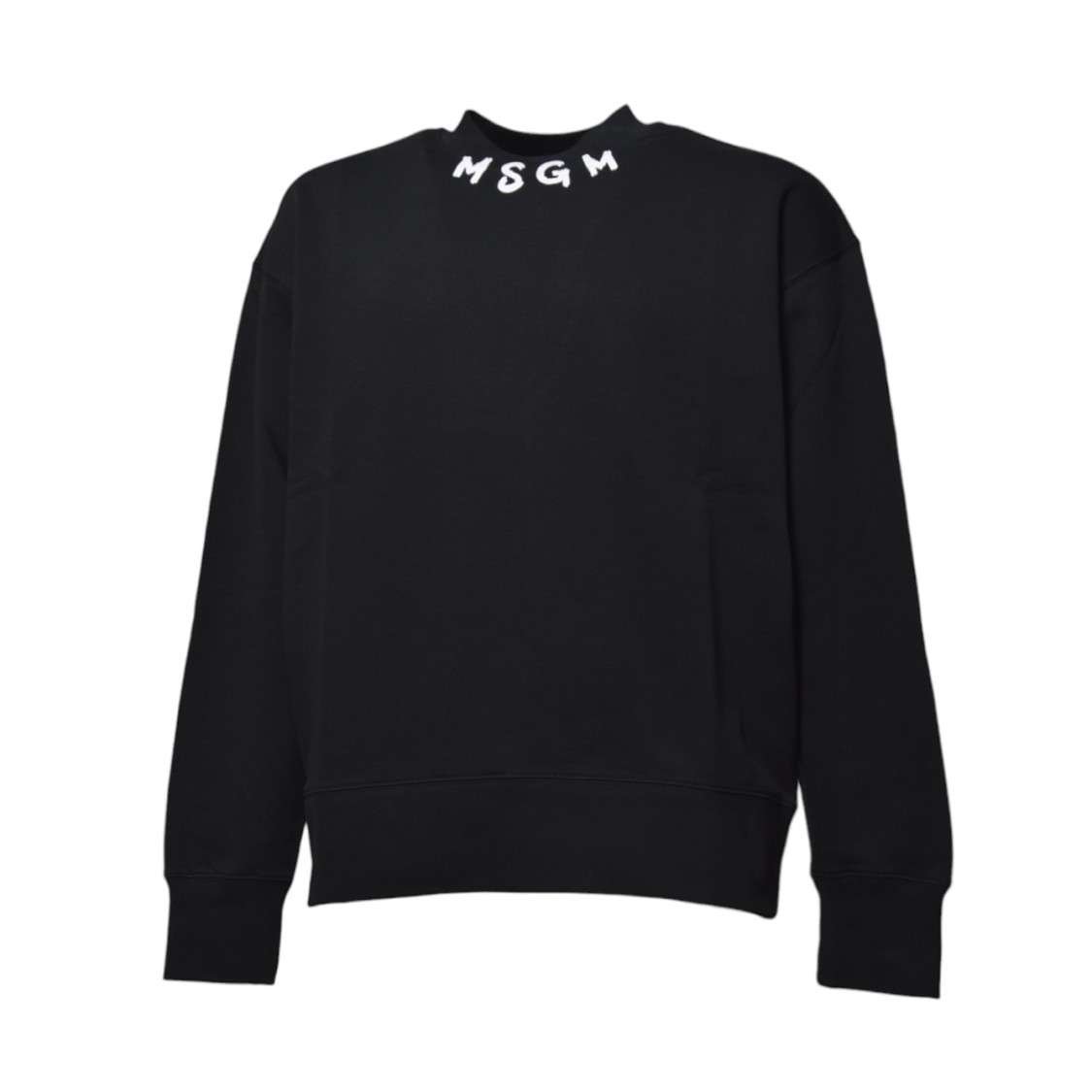 MSGM MSGM BLACK COTTON CREWNECK SWEATSHIRT WITH LOGO PRINT ON NECK