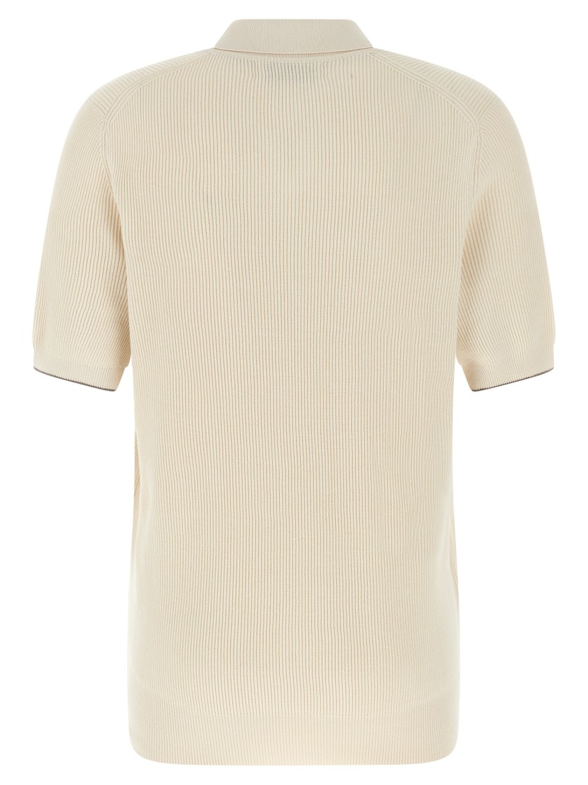 Brunello Cucinelli Light Grey Ribbed Knit Cotton Polo Collar Sweater For Men In Multi