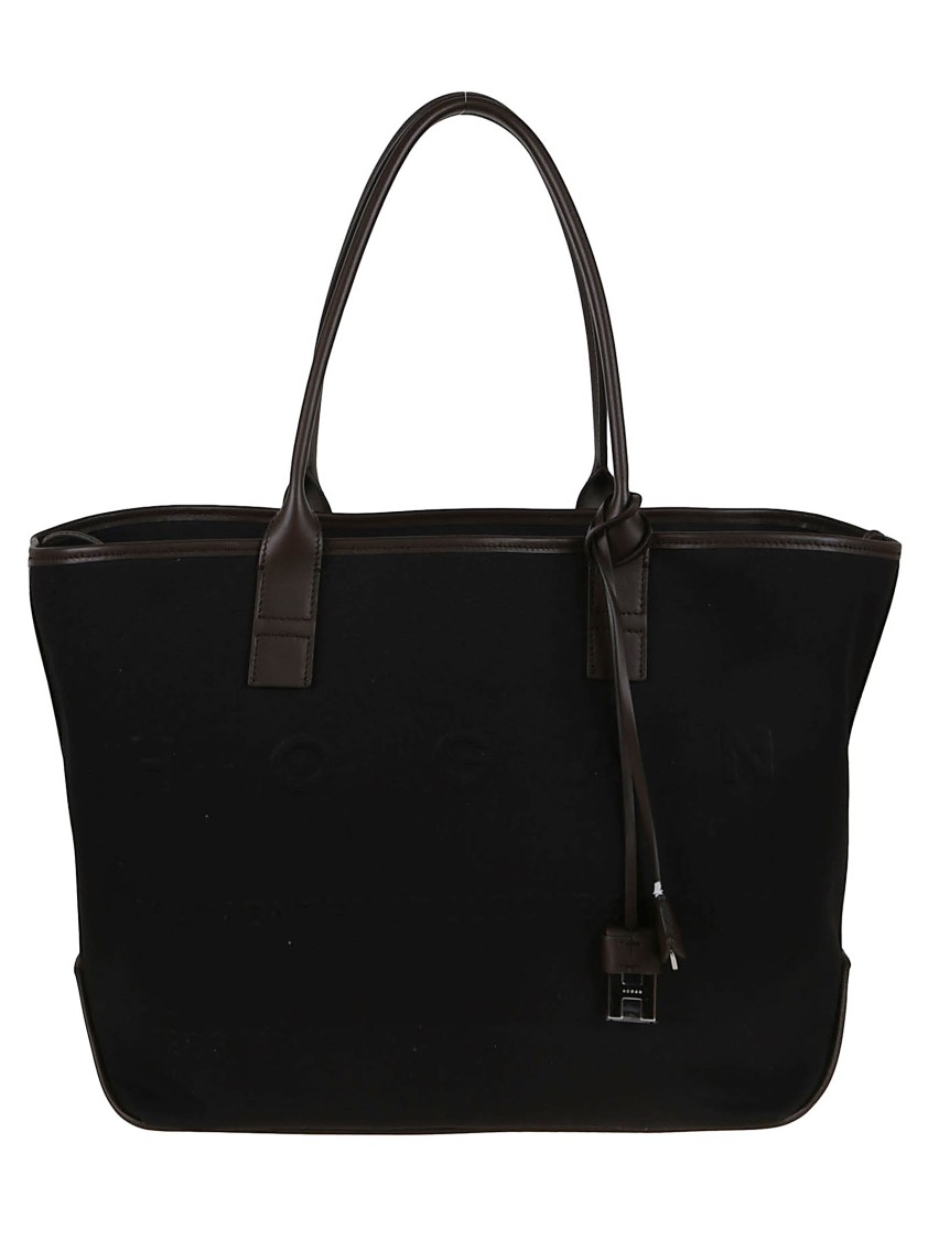 Hogan Spacious Black Leather And Canvas Shoulder Bag In Black