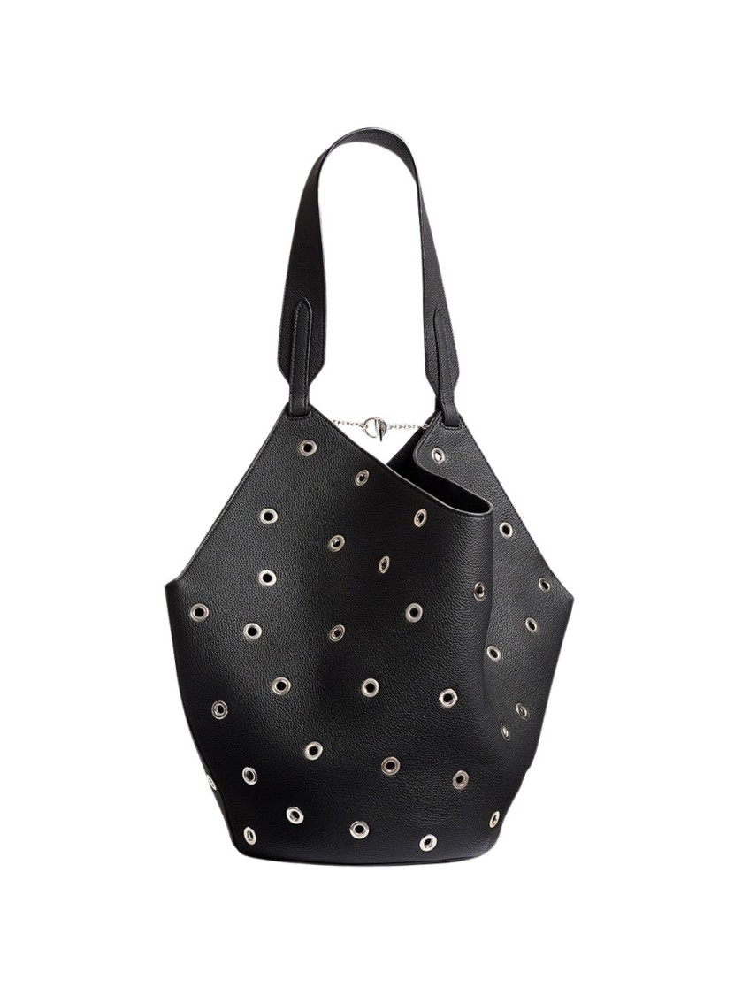 Khaite Lotus Small Tote Black Pebbled Leather With Grommets In Black