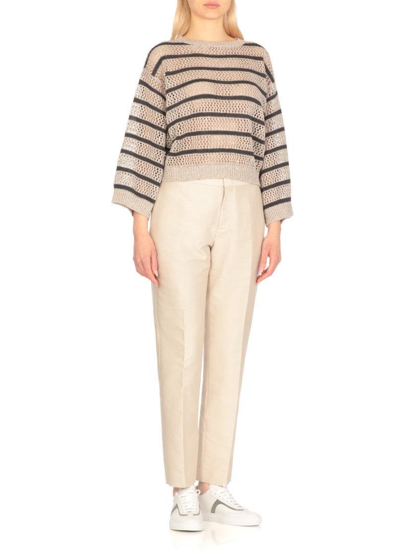 Brunello Cucinelli Beige Striped Linen And Cotton Sweater