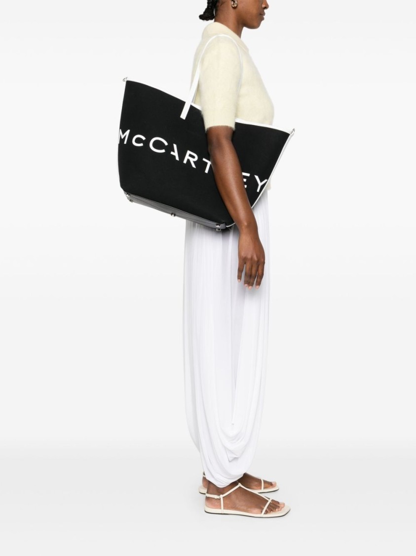 Stella Mccartney Black Canvas Tote With Contrasting Trim And Detachable Pouch In Black
