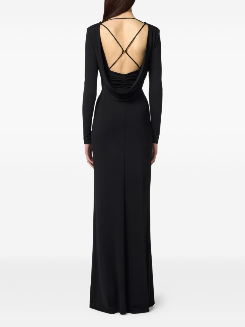 Elisabetta Franchi Draped Black Maxi Dress With Deep Neckline In Black