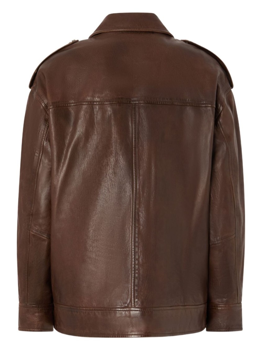 Pinko Washed Leather Jacket With Collar