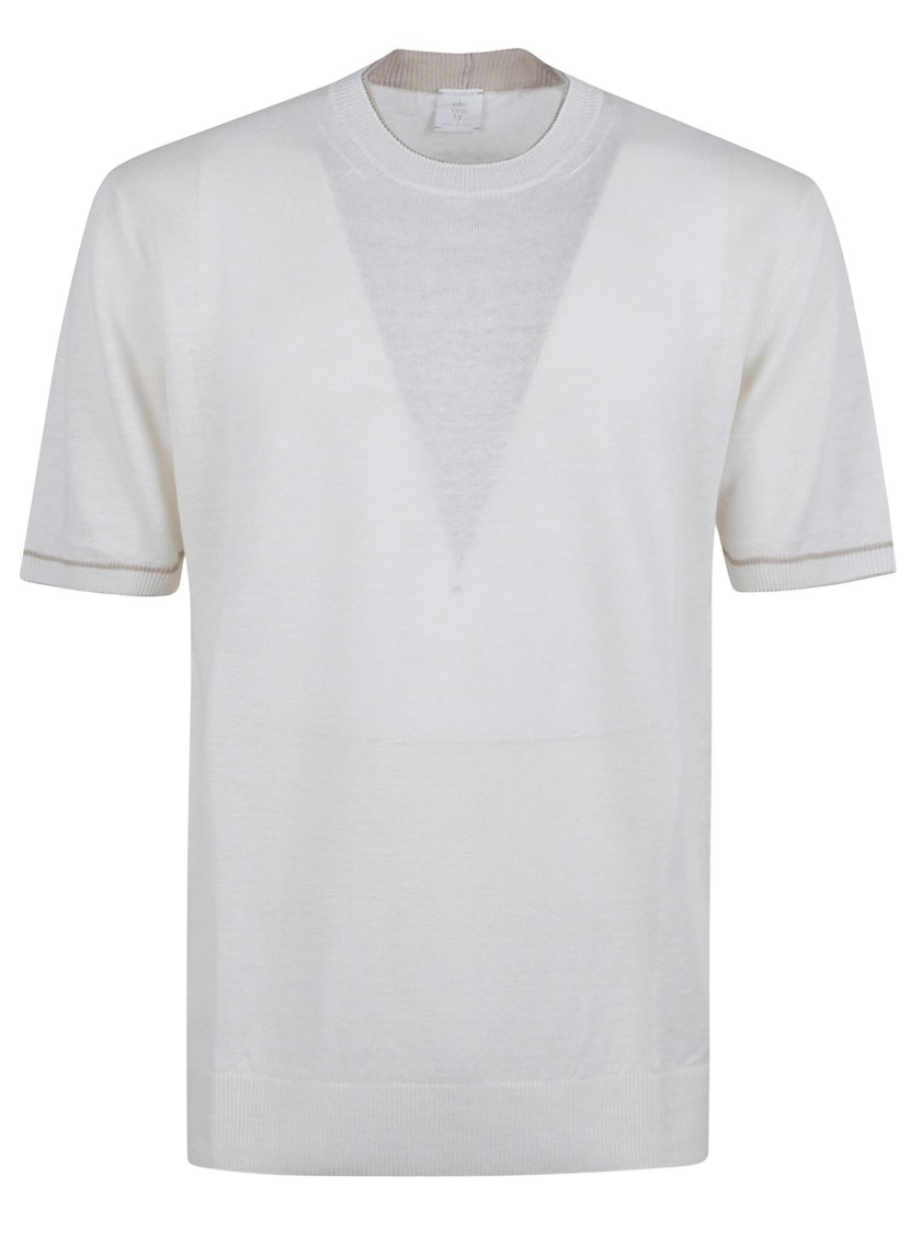 ELEVENTY ELEVENTY WHITE LINEN SHORT-SLEEVED SWEATER WITH DESIGN