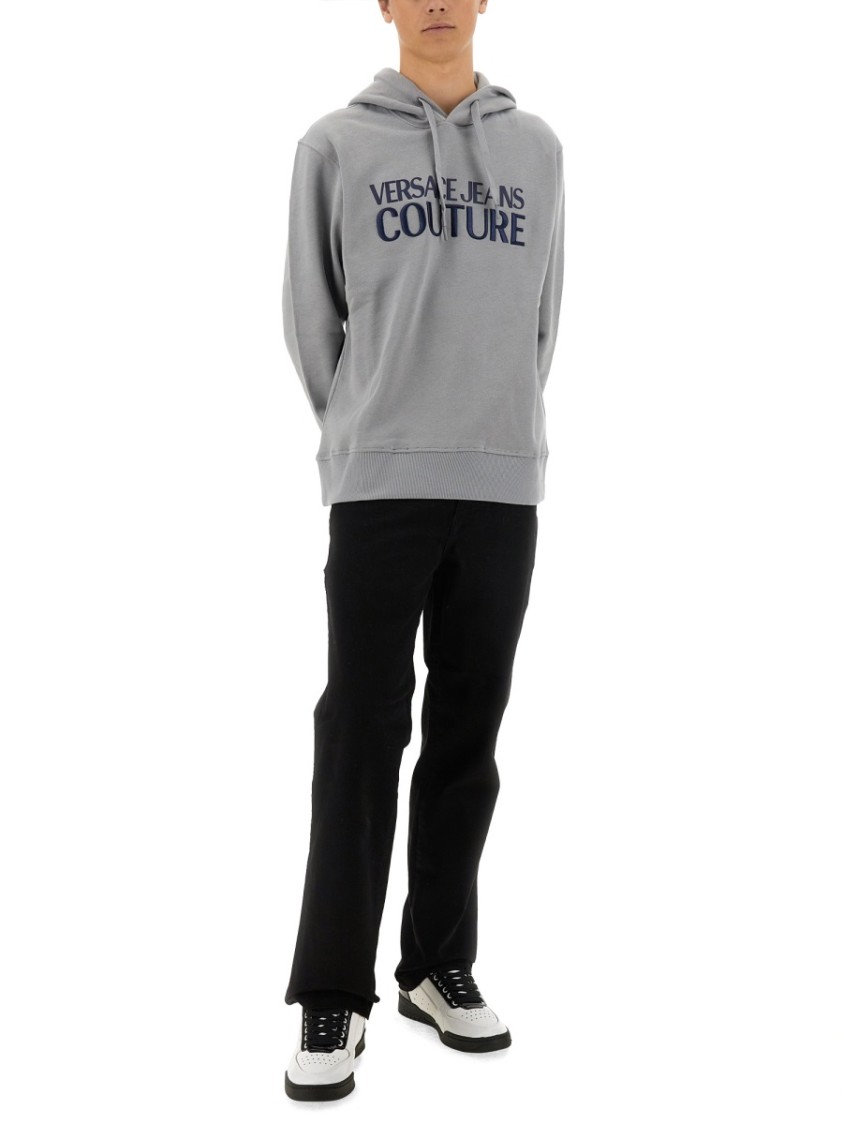 Shop Versace Jeans Couture Grey Logo Print Sweatshirt With Classic Hood