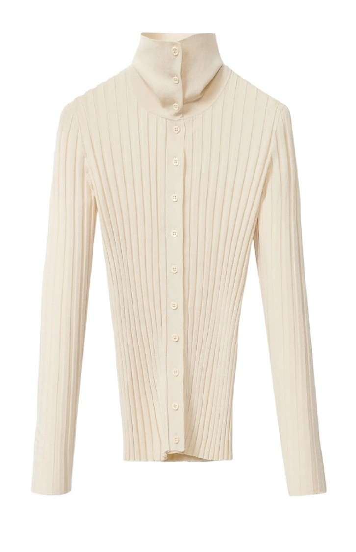 Fabiana Filippi Ribbed High Collar Top With Button-down Front In Neutrals