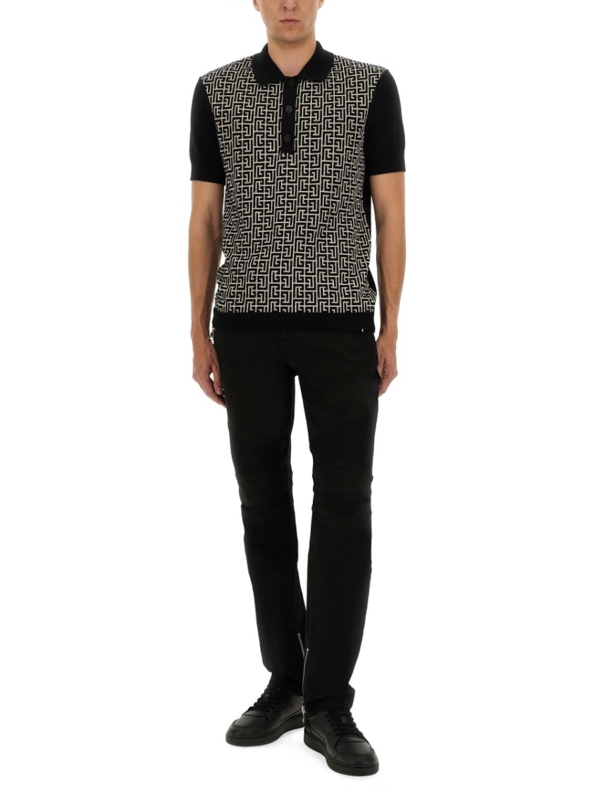 Balmain Monogram Pattern Polo With Classic Collar In Black