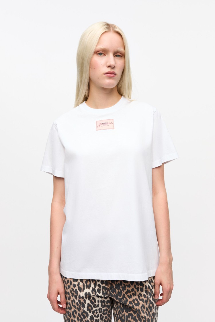 Ganni Relaxed-fit White Jersey T-shirt With Graphic Print In White
