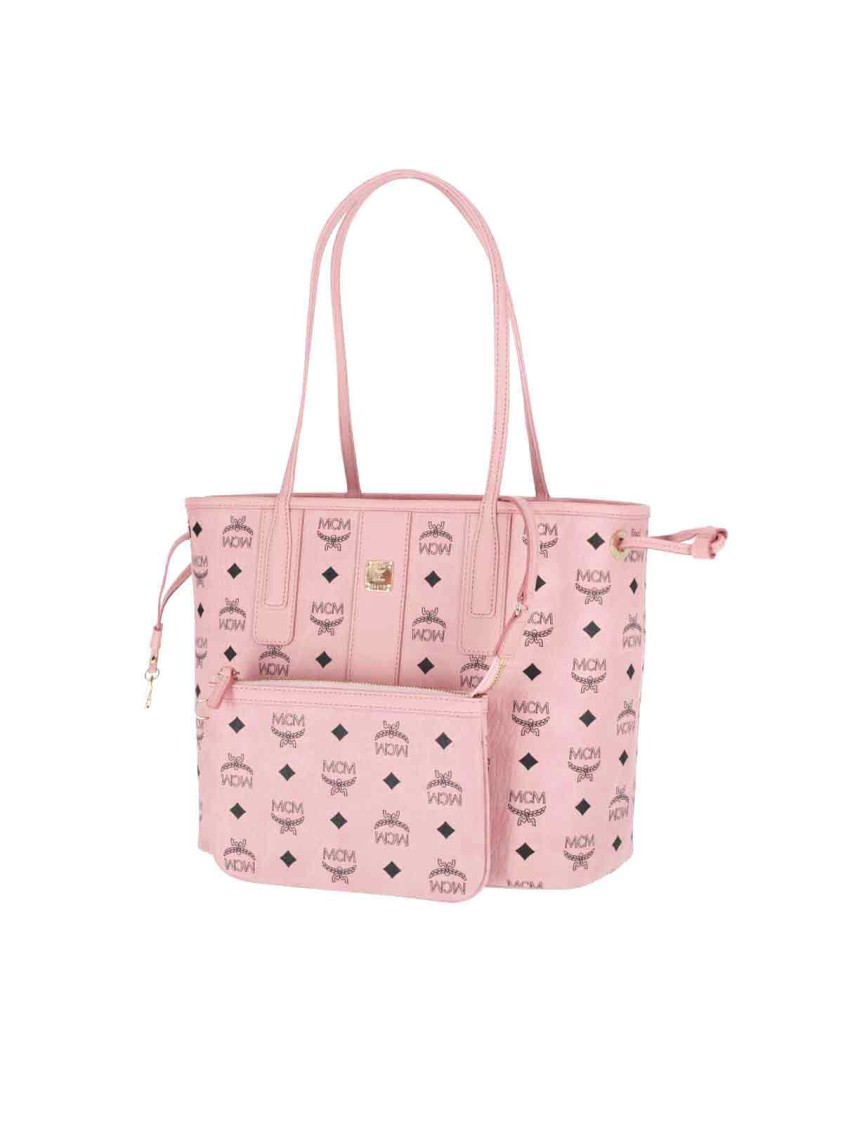 Mcm Small Pink Visetos Tote Bag With Logo Print In Pink