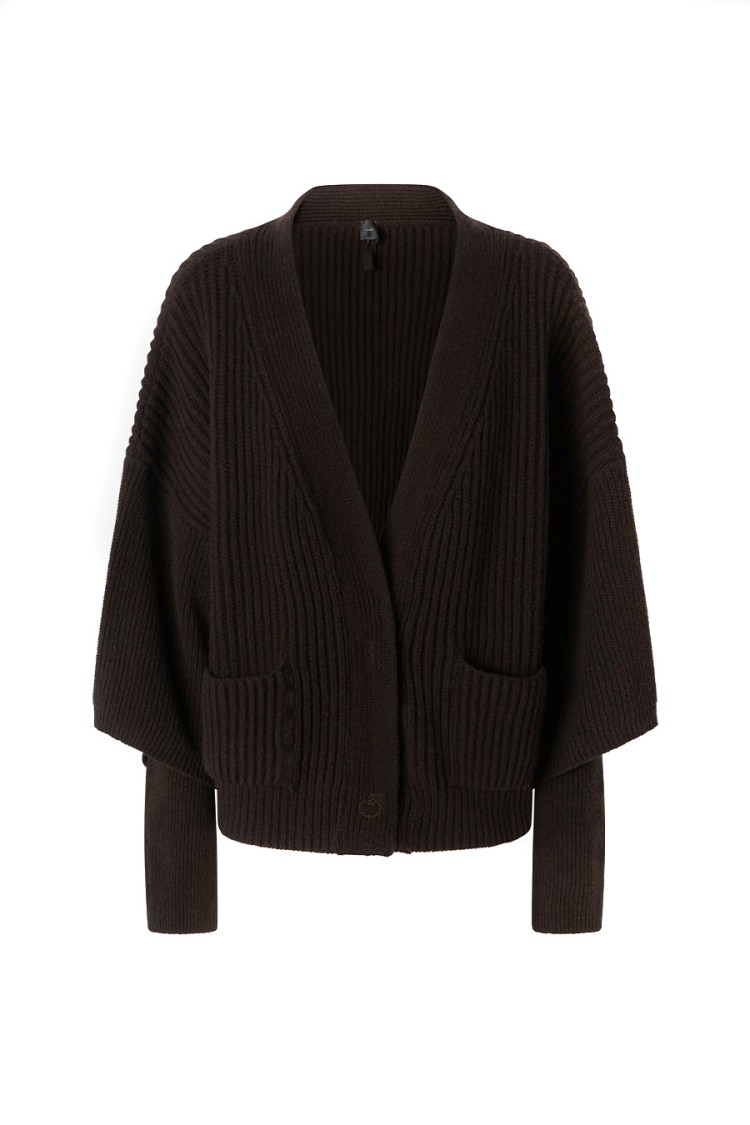 Pinko Ribbed Cardigan In Wool And Cashmere In Black