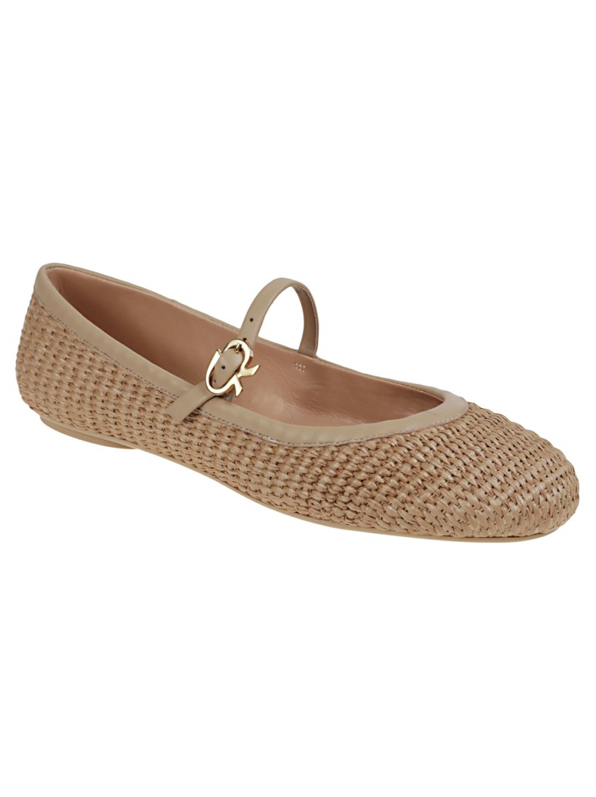 Shop Gianvito Rossi Leather And Woven Raffia Flat Ballerina In Neutrals