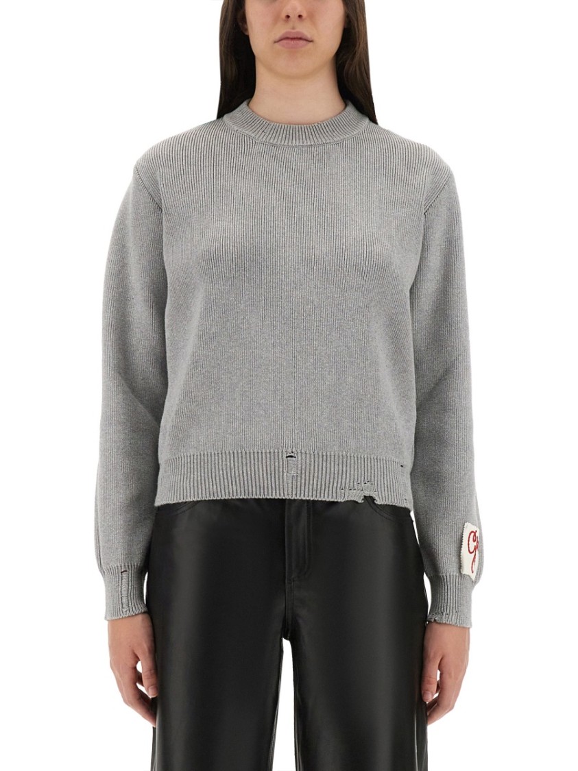 Golden Goose Ribbed Cotton Jersey Sweater With Logo Patch In Gray