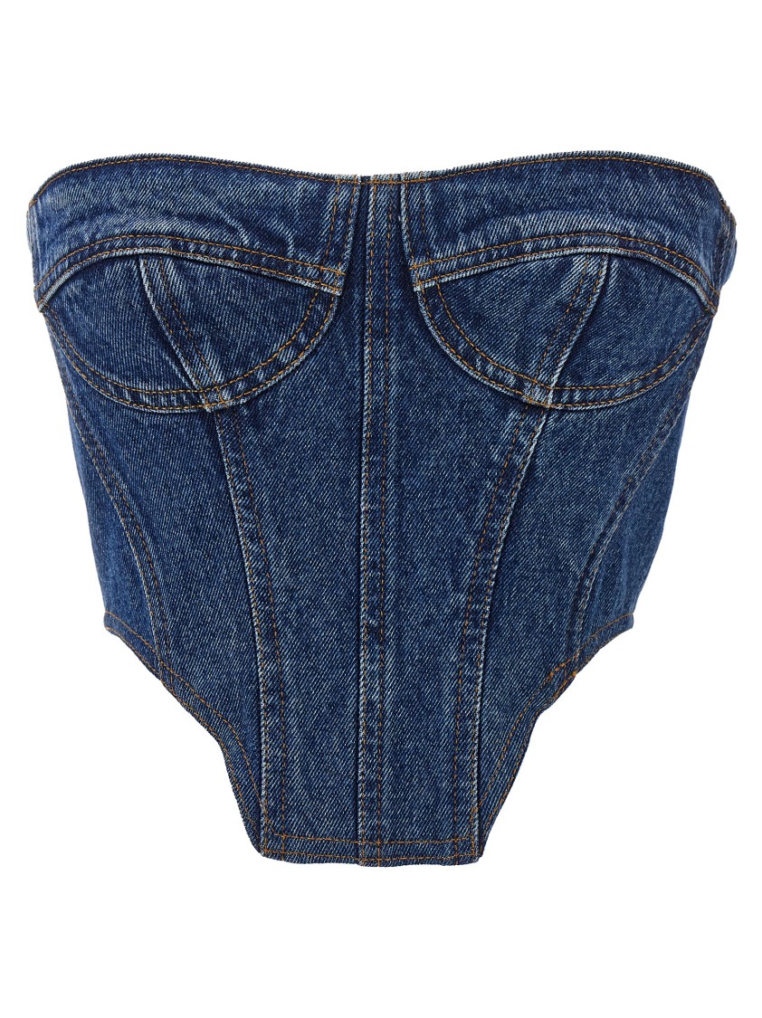 David Koma Off-the-shoulder Denim Bustier Top With Asymmetrical Hem In Green