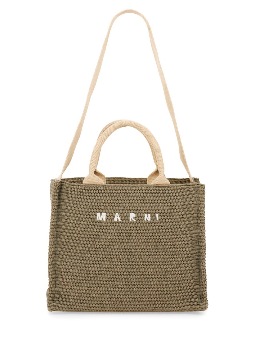 Shop Marni Raffia Effect Fabric Small Tote Bag In Green