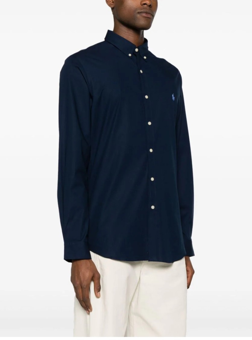 Polo Ralph Lauren Navy Blue Stretch-cotton Button-down Shirt With Signature Motif In Blue