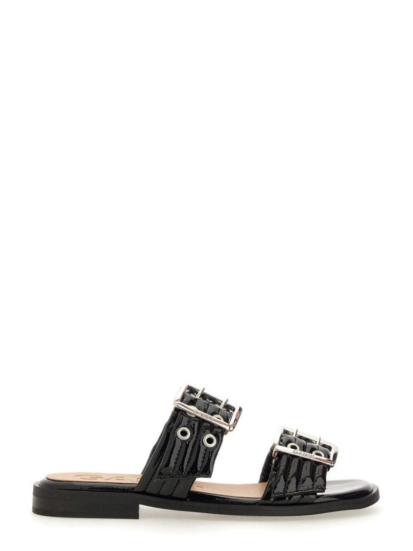 Ganni Buckled Eyelet-embellished Recycled Faux Patent-leather Sandals In Black