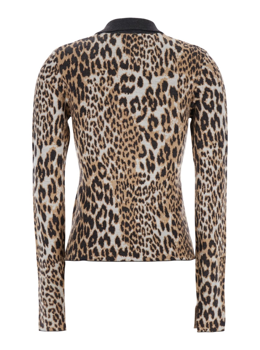 Ganni Multicolor Polo Shirt With Jewel Buttons And All-over Leopard Print In Cotton Woman In Brown