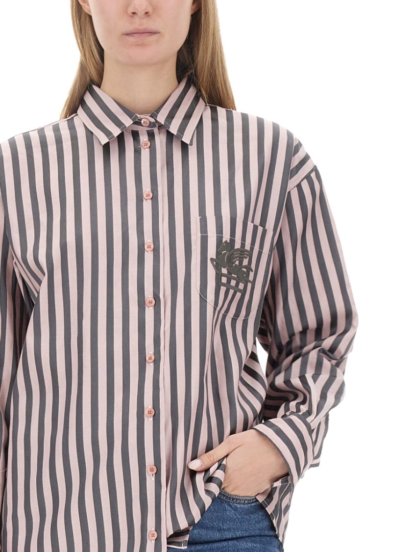 Etro Boyfriend Awning Striped Shirt With Logo Embroidery In Pink