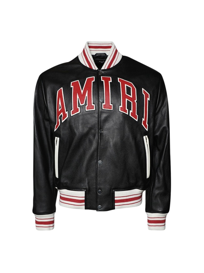 Amiri Black Bomber Jacket With Logo Patch In Leather Man